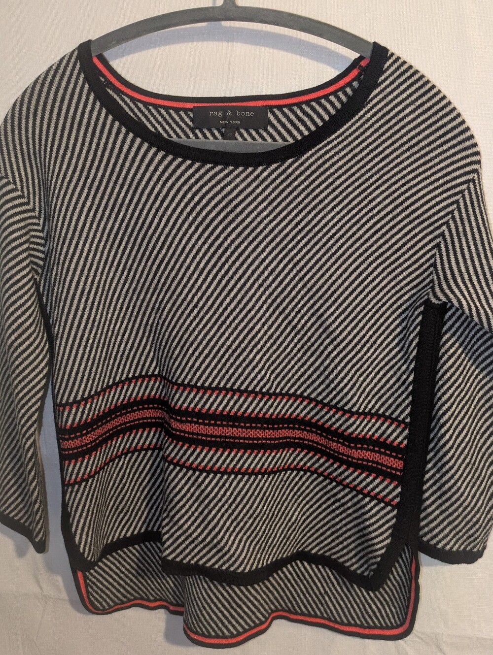 rag & bone Black and White Striped Crewneck Sweater with Coral Trim